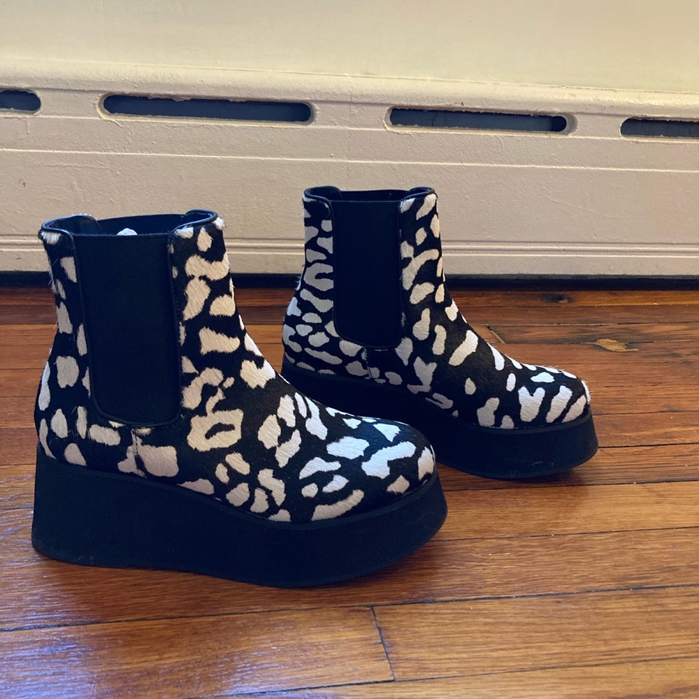 Intentionally Blank boots. Calf pony fur in black and white animal print.